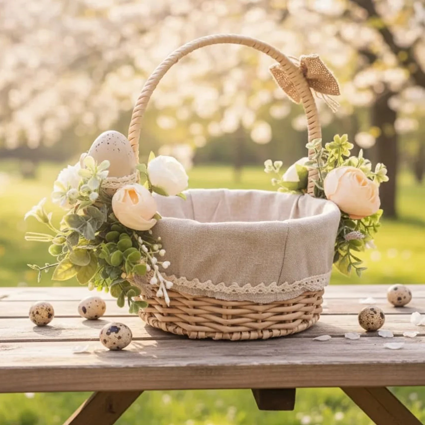 Romantyczny koszyczek wielkanocny w kolorze nude