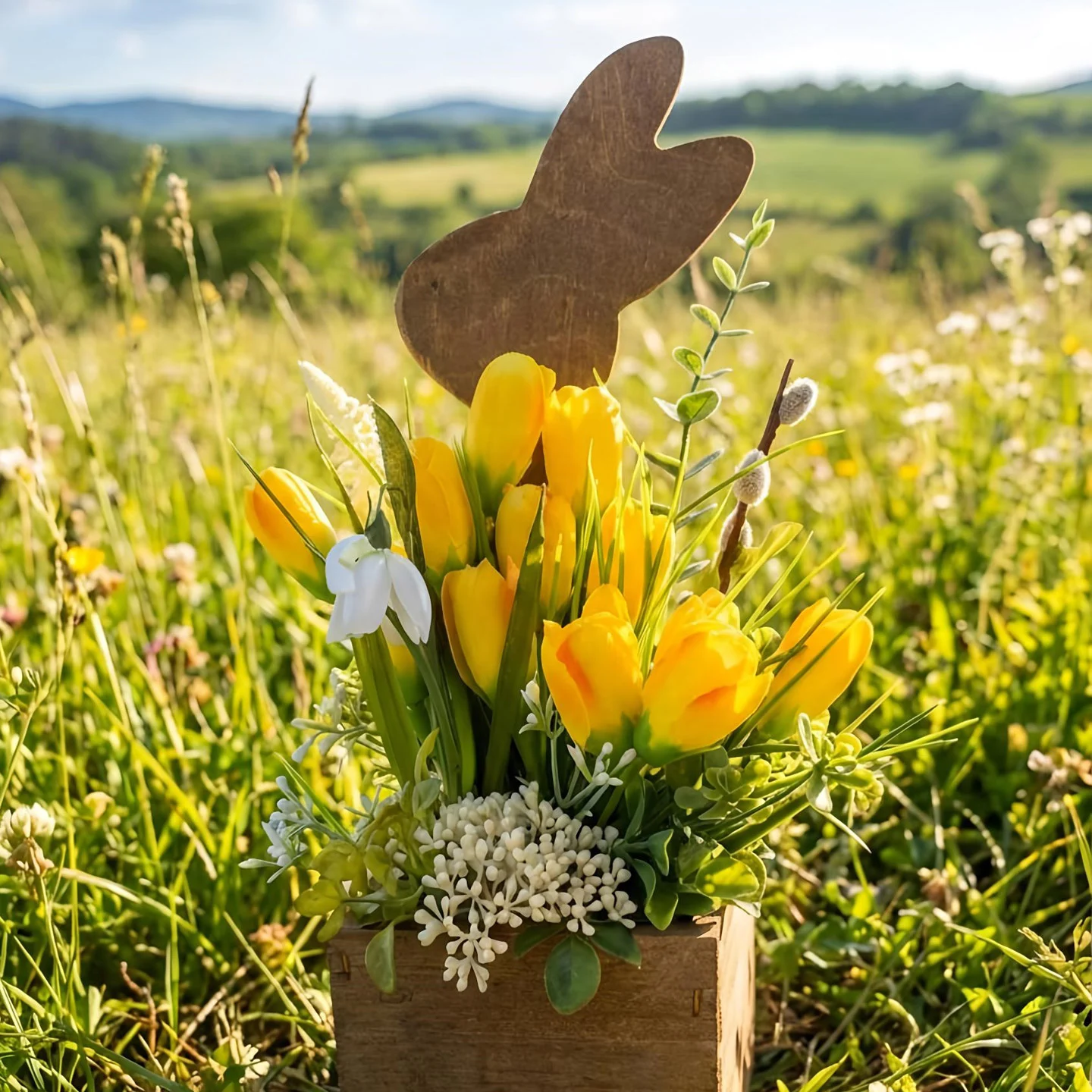 Żółte krokusy w drewnianej skrzynce z zajączkiem